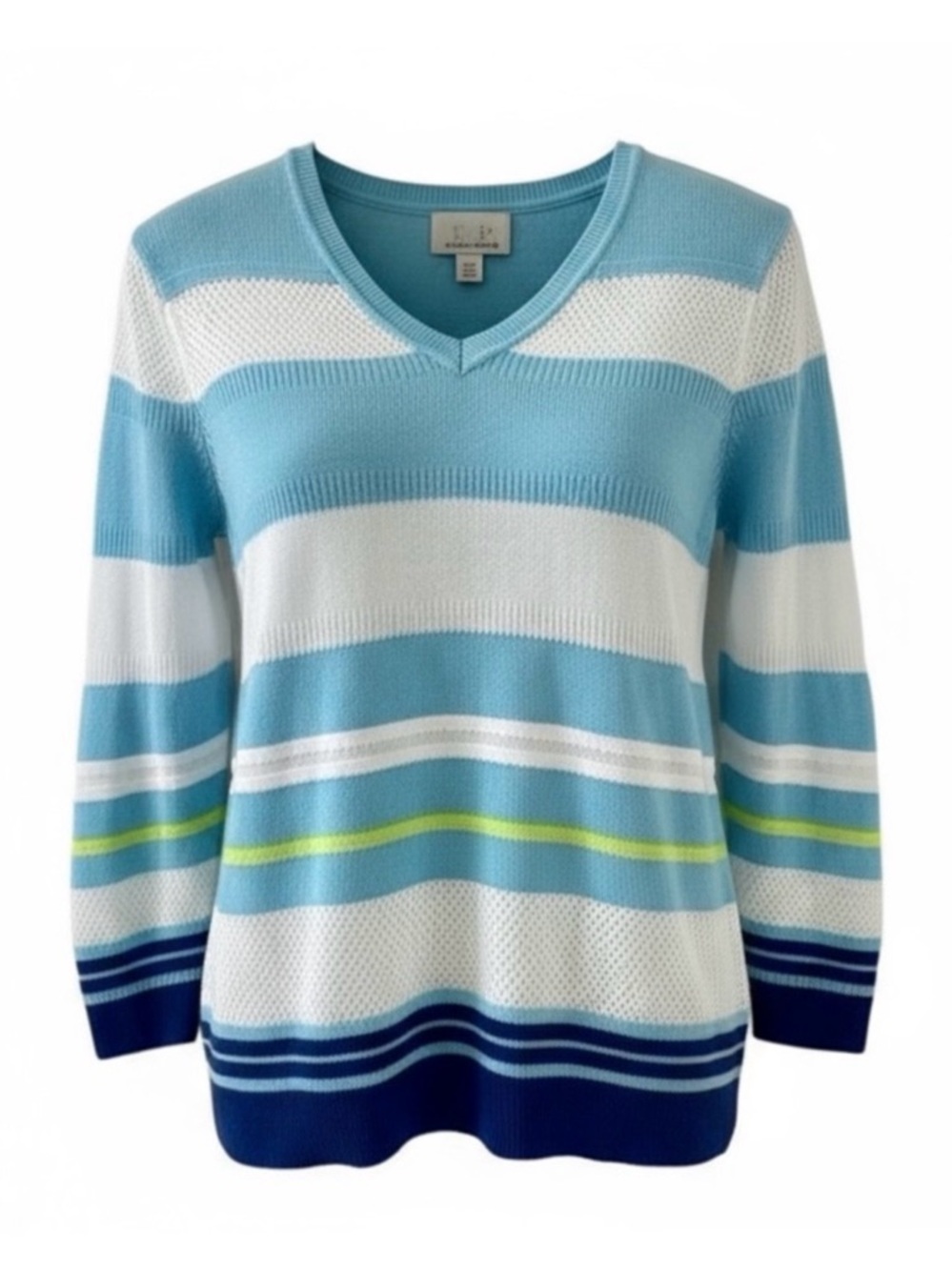 EP Pro Blue and White Stripe V-Neck 3/4 Sleeve Knit Sweater Size Small